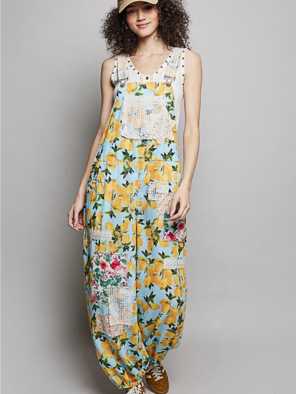 POL Blue Lemon Print Overalls with Lace Strap